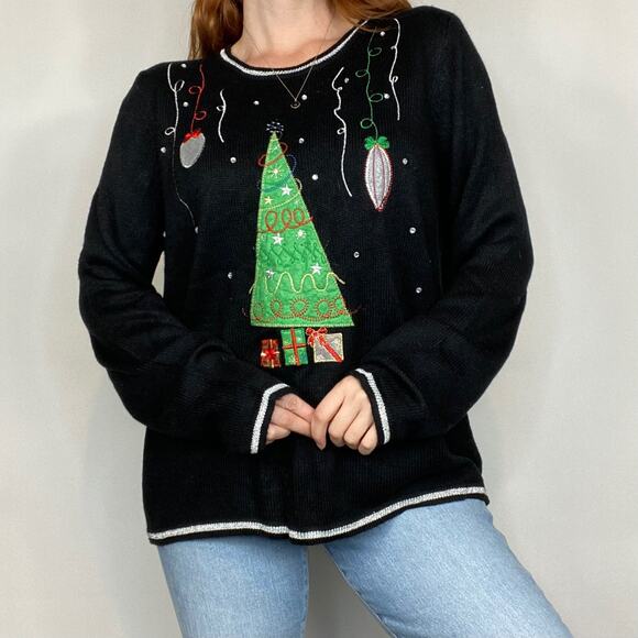 Vintage 90s Oversixed 1X Black & Silver Embroidered Christmas Tree Sweater - Picture 1 of 9